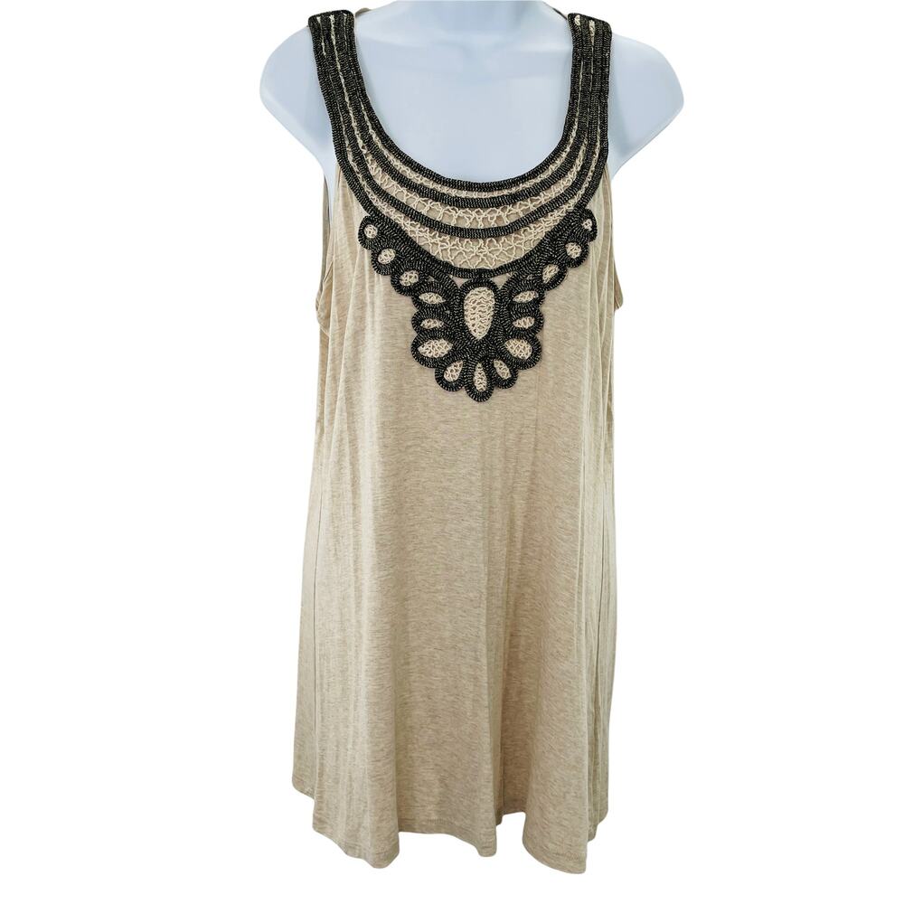 STATUS by CHENAULT Women's Tank S Beige Ribbon Gold Shimmer Crochet Detail Top